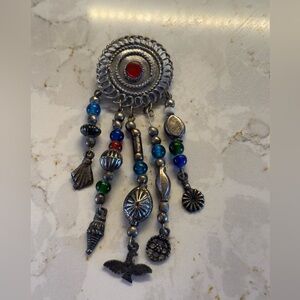 BOHO STATEMENT Pin Brooch Gold Tone Dangling Charms Beads Vintage Style Jewelry